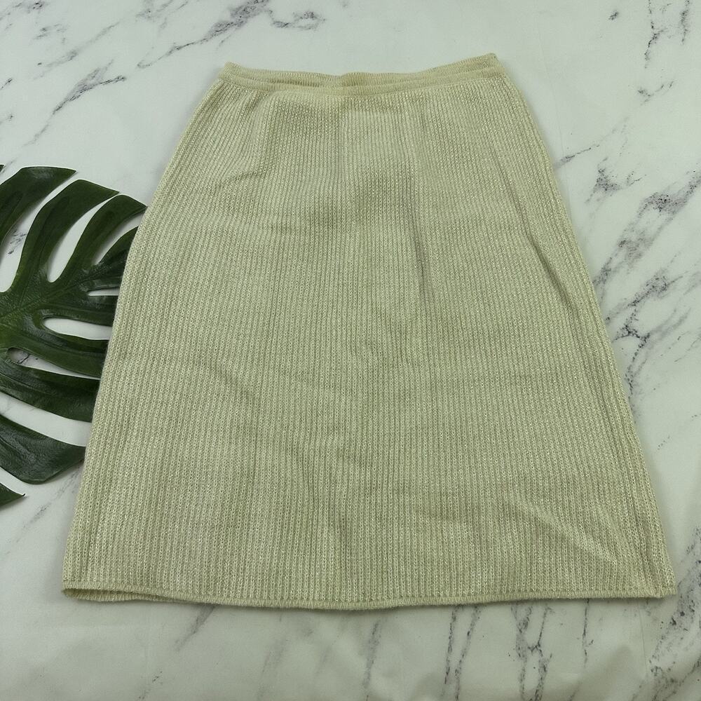 Halston III Womens Vintage 90s Sweater Knit Skirt Size L Cream Silver Wool Blend